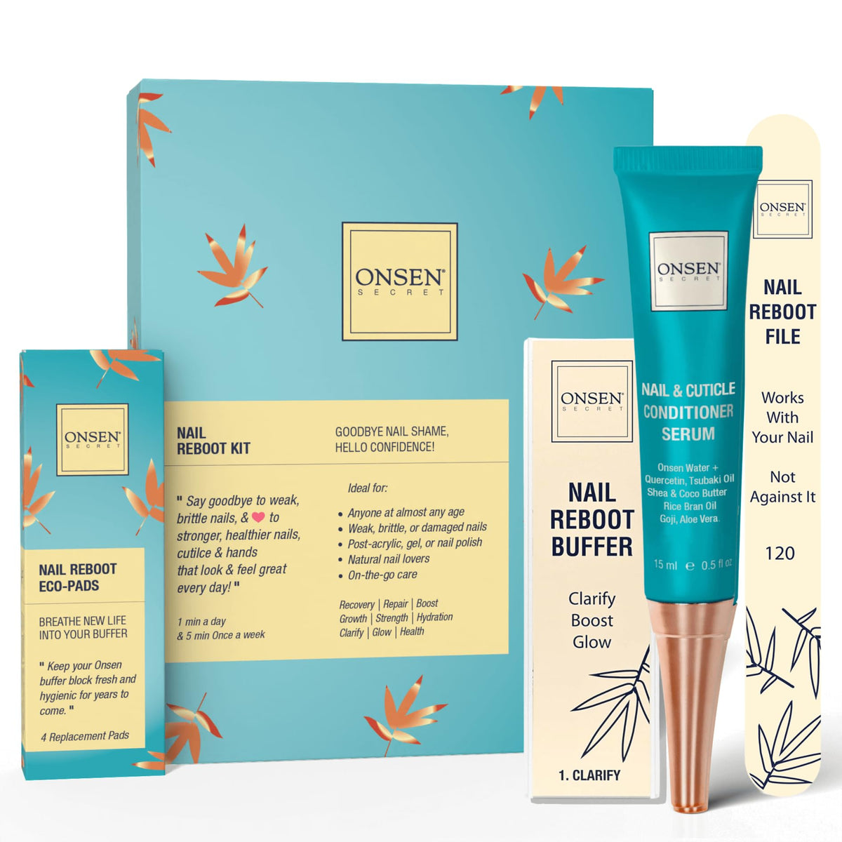 Onsen Secret Japanese Nail Care Kit - Cuticle Oil Serum | Nail Buffer and Shine Kit - Strengthening & Shining - Spa-Quality Manicure w/Organic Ingredients - Long-Lasting Shine - Easy & Safe, 1pk