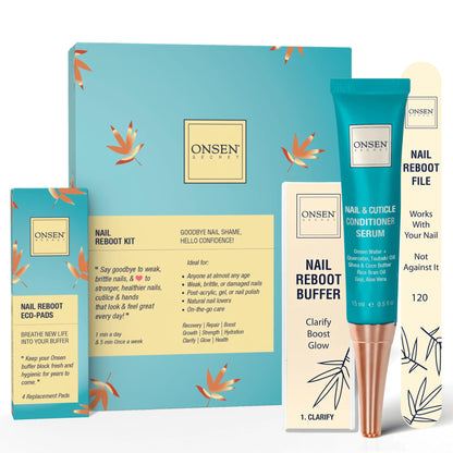 Onsen Secret Japanese Nail Care Kit - Cuticle Oil Serum | Nail Buffer and Shine Kit - Strengthening & Shining - Spa-Quality Manicure w/Organic Ingredients - Long-Lasting Shine - Easy & Safe, 1pk